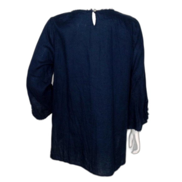 J.JILL Linen Tunic, L, Navy Blue, Fringe, Long sleeve, Vented, Keyhole Back - Picture 5 of 12